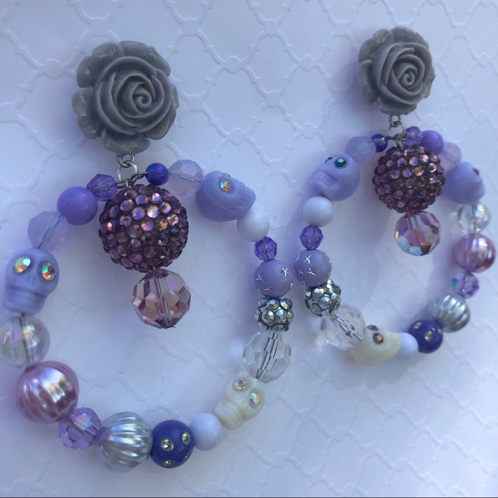 Skull Rose Hoop Purple Rhinestone Bead Earrings